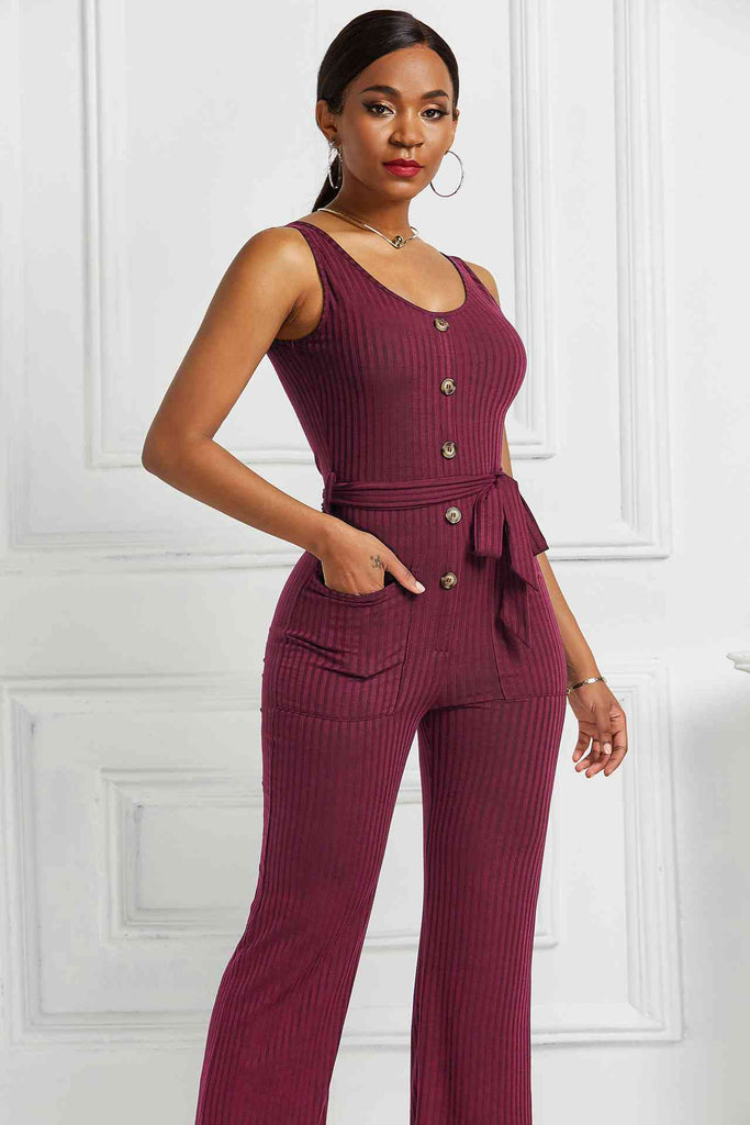 Button Detail Tie Waist Jumpsuit with Pockets - Belle Donne Clothing & Accessories