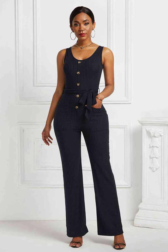 Button Detail Tie Waist Jumpsuit with Pockets - Belle Donne Clothing & Accessories