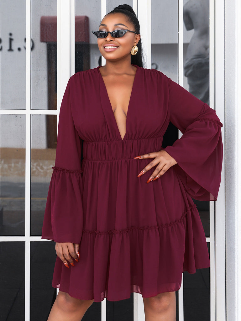 Plus Size Flare Sleeve Plunge Mini Dress - Belle Donne Clothing & Accessories