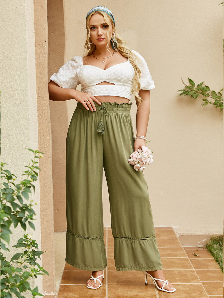 Plus Size Drawstring Detail Paperbag Wide Leg Pants - Belle Donne Clothing & Accessories