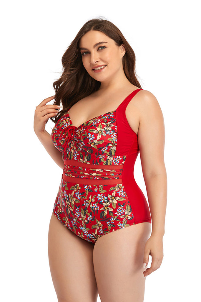 Floral Drawstring Detail One-Piece Swimsuit - Belle Donne Clothing & Accessories