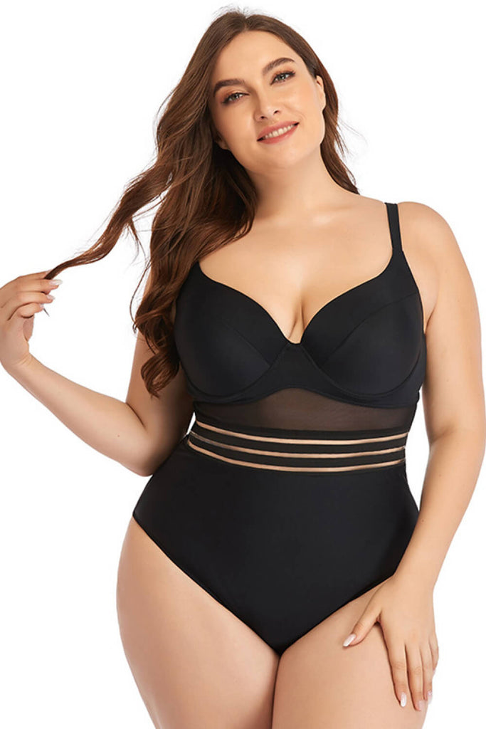 Plus Size Spliced Mesh Tie-Back One-Piece Swimsuit - Belle Donne Clothing & Accessories