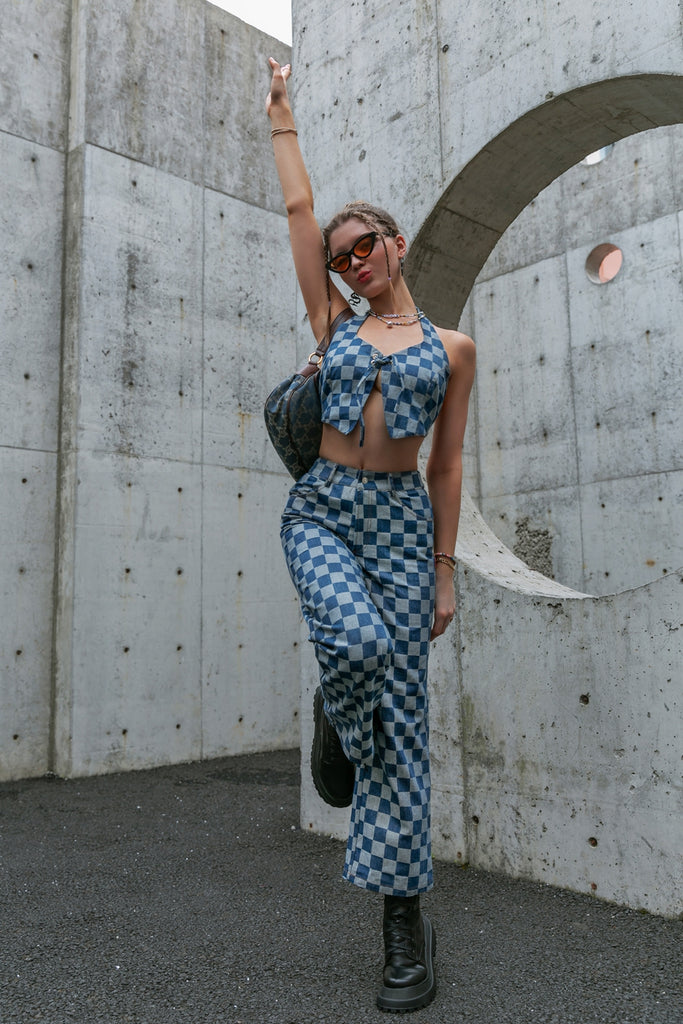 Checkered Lace Up Cropped Top and Pants Set - Belle Donne Clothing & Accessories