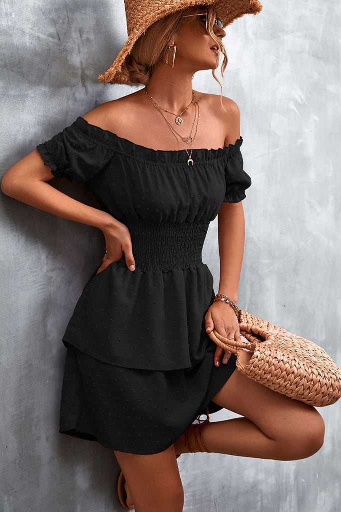 Swiss Dot Layered Off-Shoulder Smocked Dress - Belle Donne Clothing & Accessories