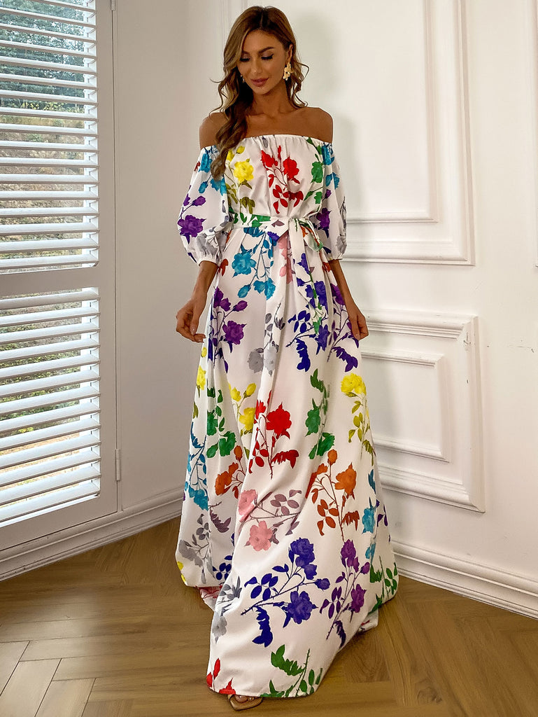 Floral Tie-Waist Off-Shoulder Floor-Length Dress - Belle Donne Clothing & Accessories