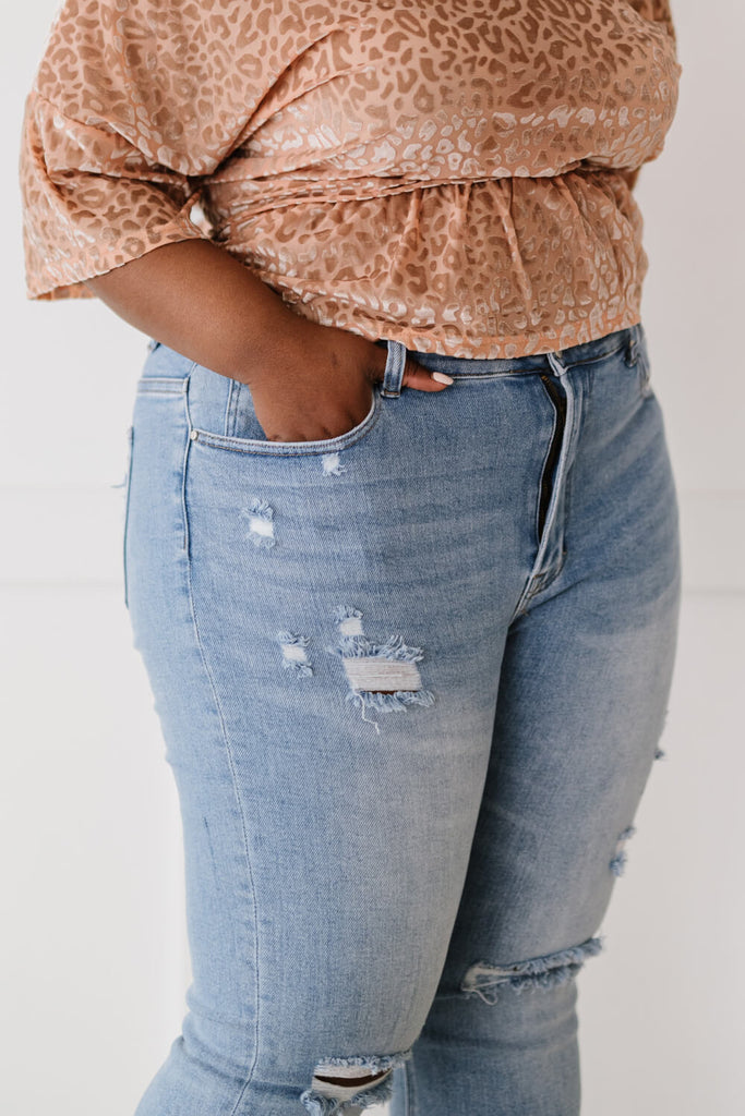 RISEN Divine Denim Full Size Run Distressed Flare Jeans - Belle Donne Clothing & Accessories