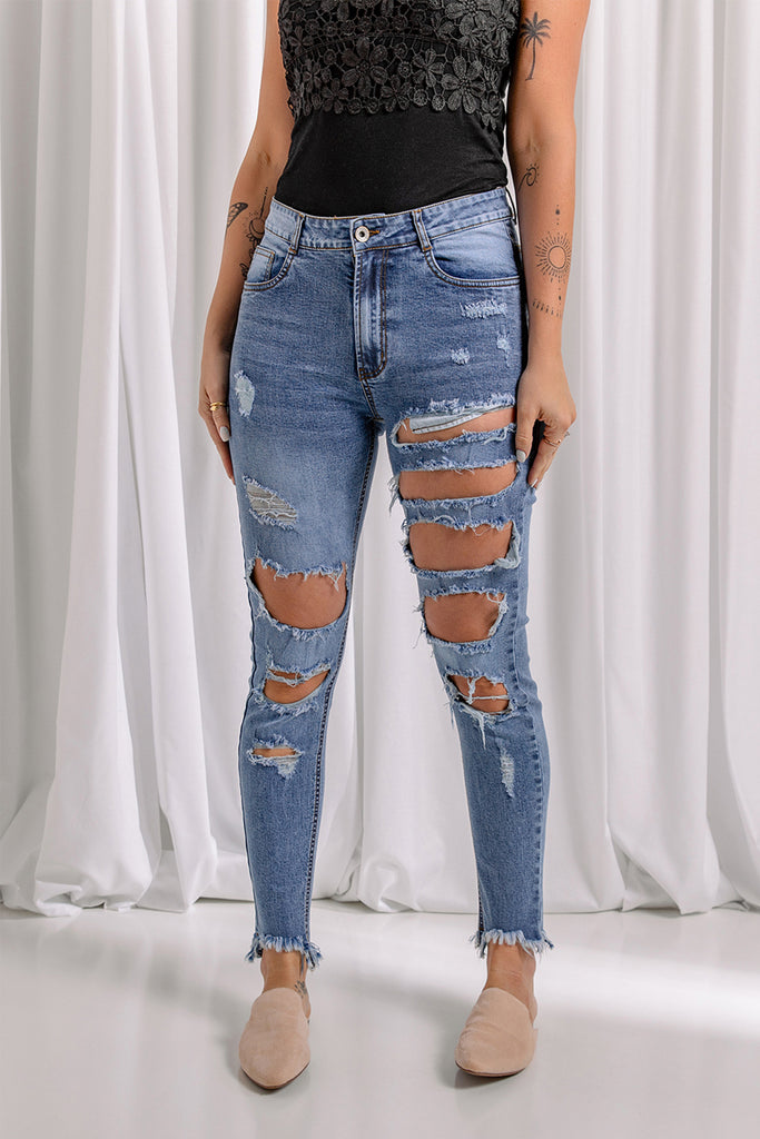 Distressed Raw Hem Skinny Jeans - Belle Donne Clothing & Accessories