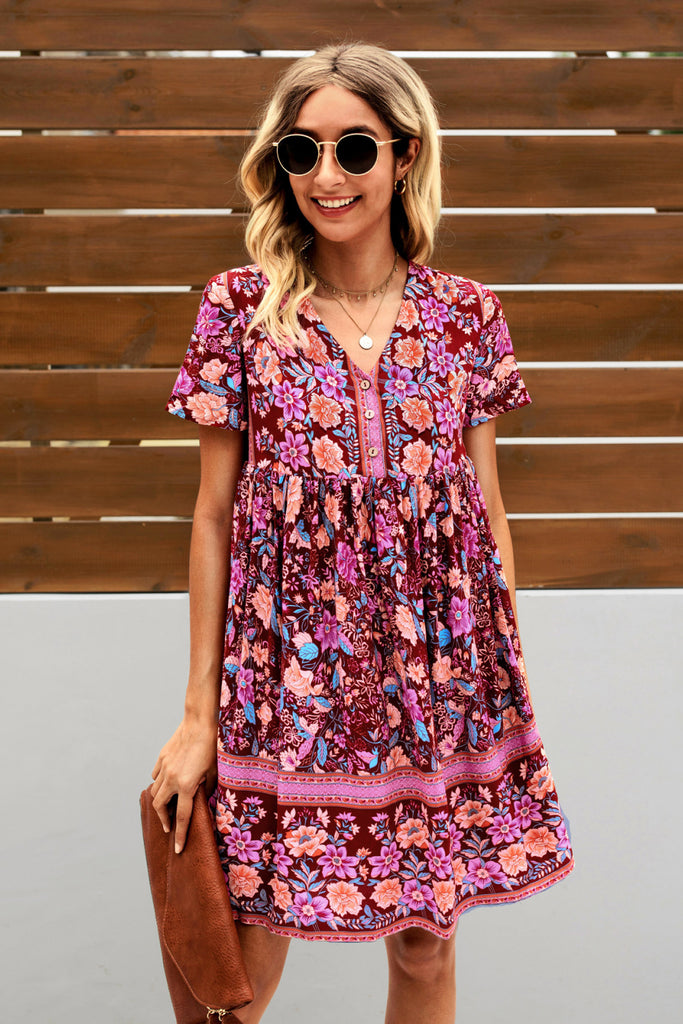 Bohemian Printed Short Sleeve Dress - Belle Donne Clothing & Accessories