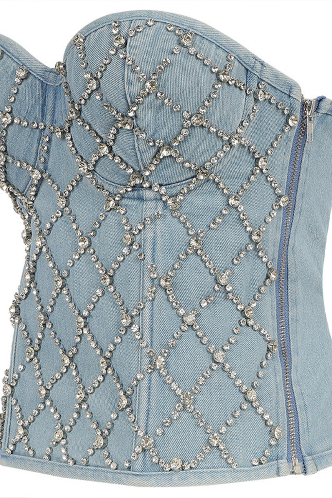 Strapless Lace Up Denim Rhinestone Fishnet Bustier - Belle Donne Clothing & Accessories