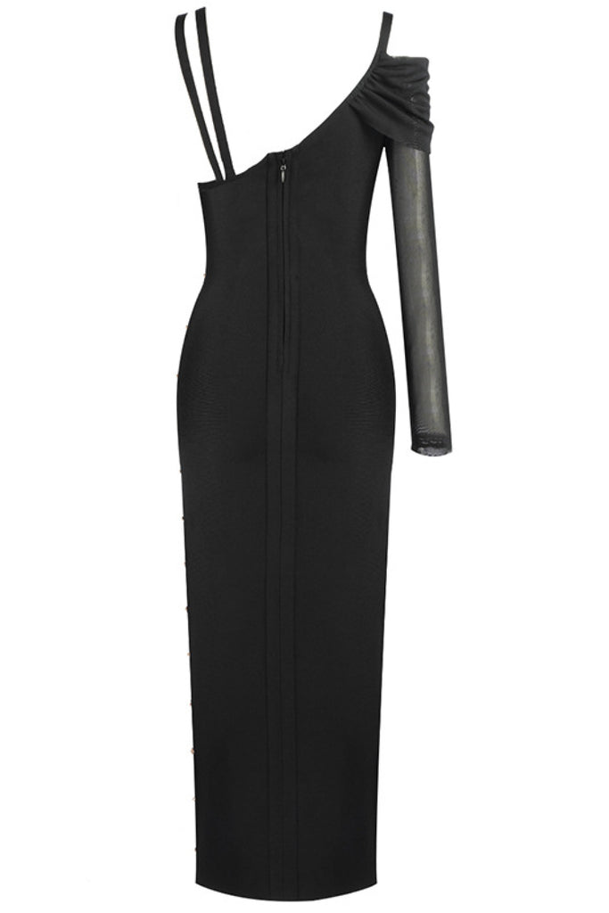 One Sleeve Pin Detail Slit Dress - Belle Donne Clothing & Accessories