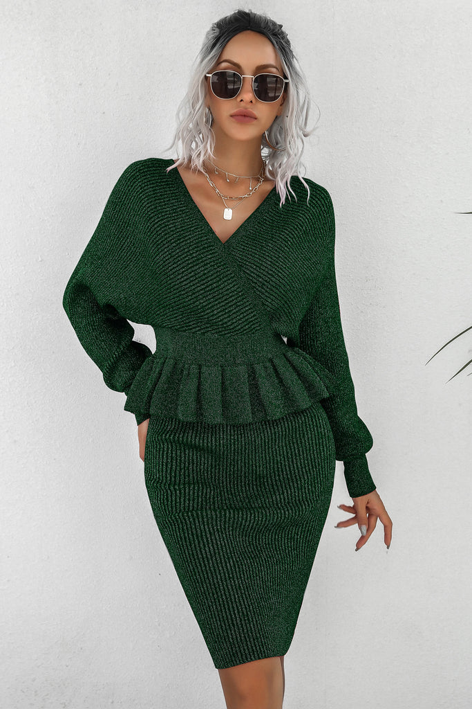 Peplum Dolman Sleeve Rib-Knit Top and Skirt Set - Belle Donne Clothing & Accessories