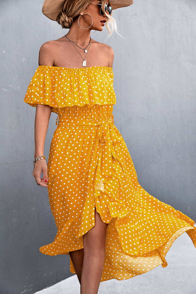 Polka Dot Layered Off-Shoulder Belted Dress - Belle Donne Clothing & Accessories