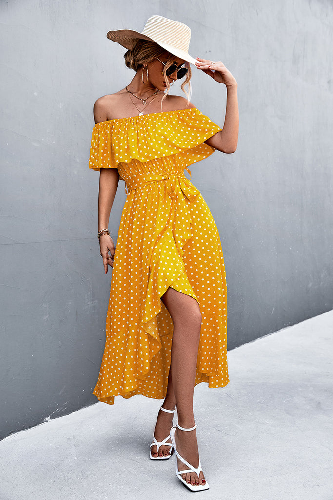 Polka Dot Layered Off-Shoulder Belted Dress - Belle Donne Clothing & Accessories