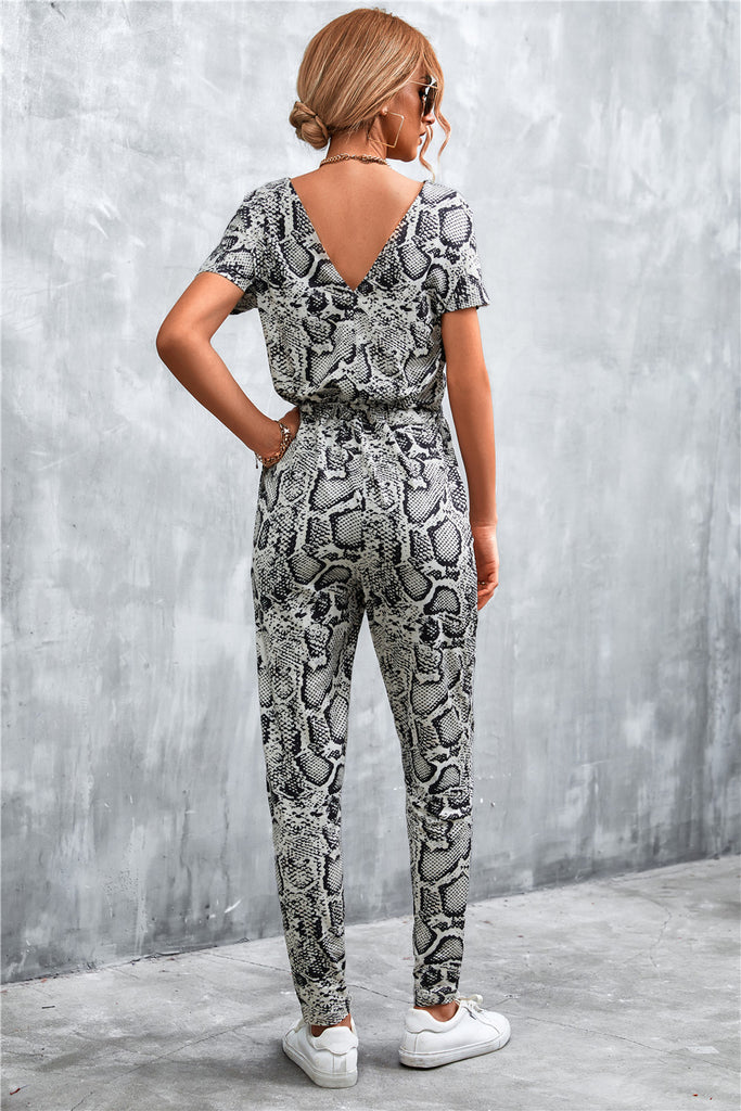 Animal Print V-Neck Jumpsuit with Pockets - Belle Donne Clothing & Accessories