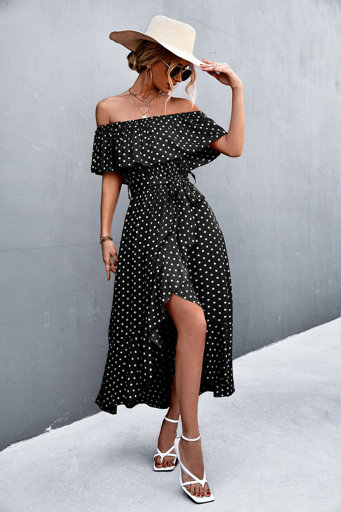 Polka Dot Layered Off-Shoulder Belted Dress - Belle Donne Clothing & Accessories