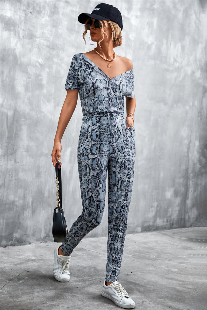 Animal Print V-Neck Jumpsuit with Pockets - Belle Donne Clothing & Accessories