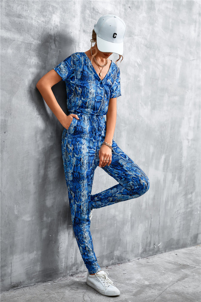 Animal Print V-Neck Jumpsuit with Pockets - Belle Donne Clothing & Accessories