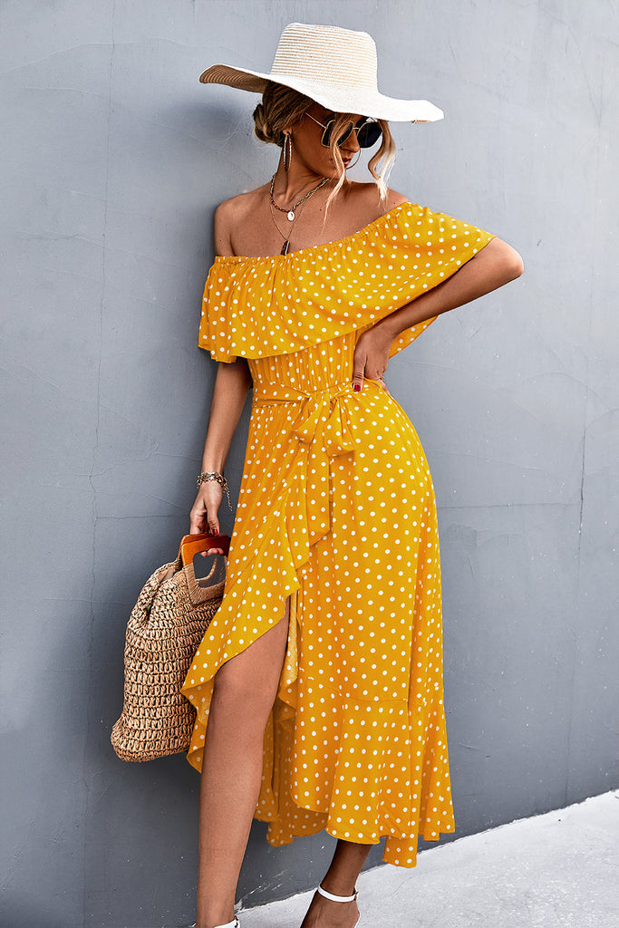 Polka Dot Layered Off-Shoulder Belted Dress - Belle Donne Clothing & Accessories