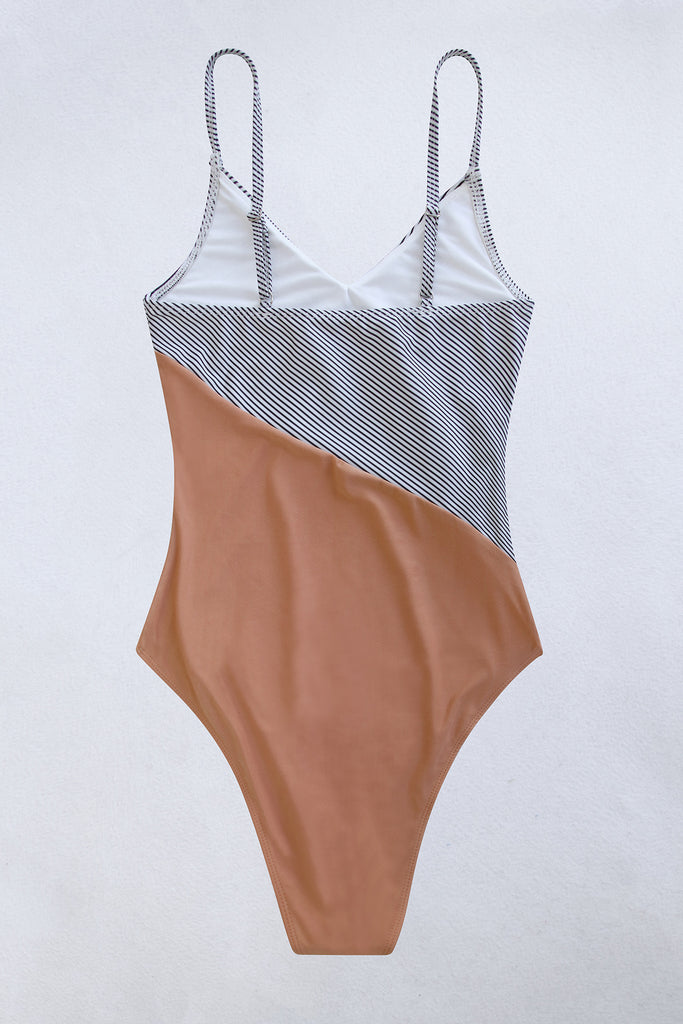 Striped Spaghetti Strap V-Neck One-Piece Swimsuit - Belle Donne Clothing & Accessories