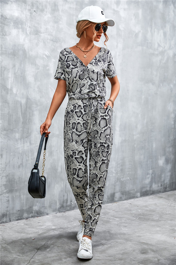 Animal Print V-Neck Jumpsuit with Pockets - Belle Donne Clothing & Accessories