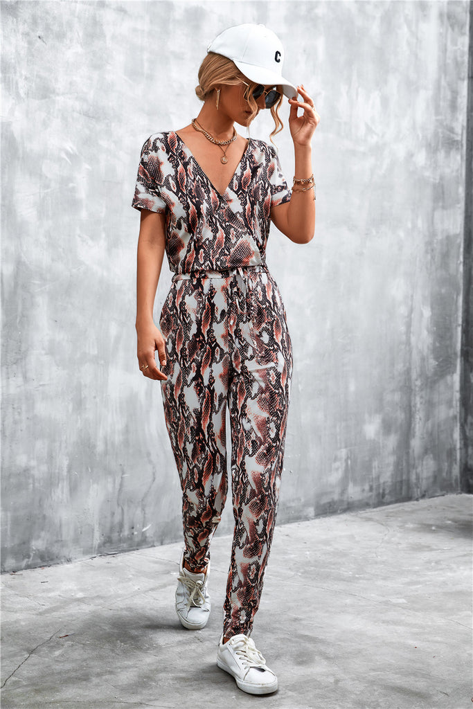 Animal Print V-Neck Jumpsuit with Pockets - Belle Donne Clothing & Accessories