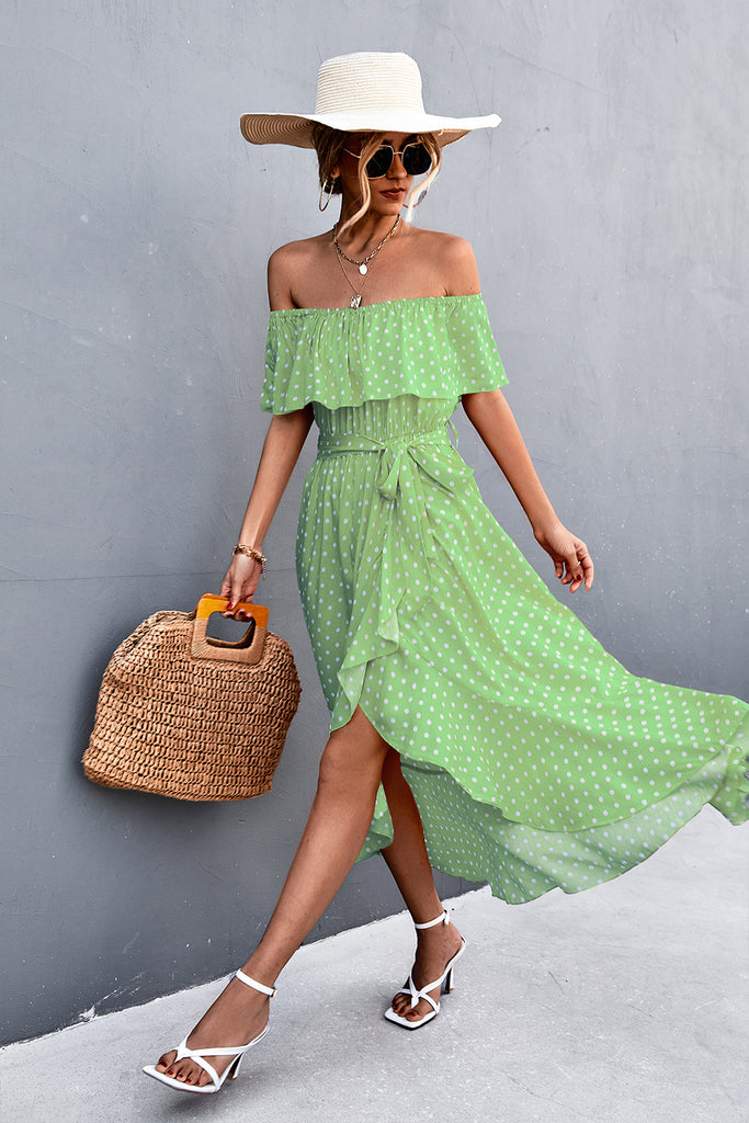 Polka Dot Layered Off-Shoulder Belted Dress - Belle Donne Clothing & Accessories