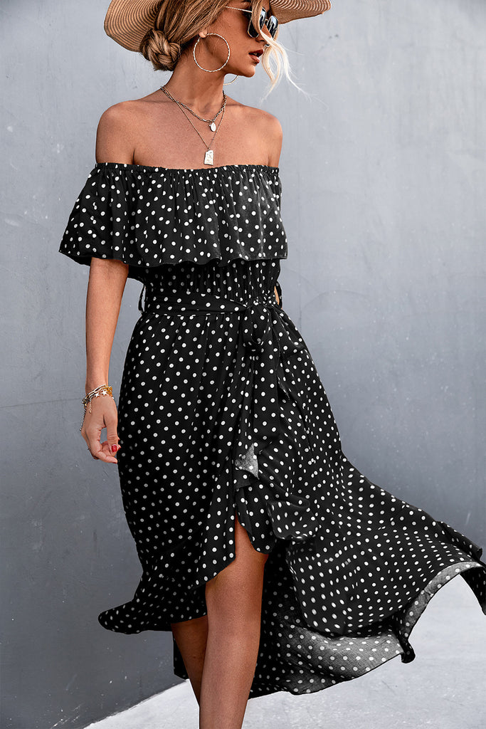 Polka Dot Layered Off-Shoulder Belted Dress - Belle Donne Clothing & Accessories