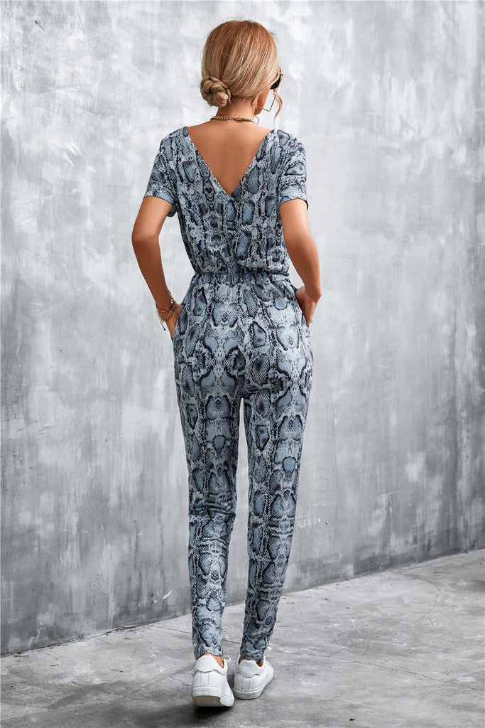 Animal Print V-Neck Jumpsuit with Pockets - Belle Donne Clothing & Accessories