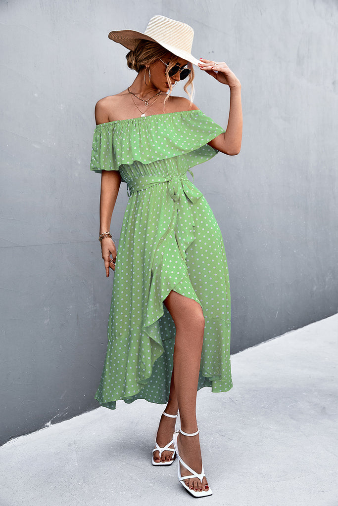 Polka Dot Layered Off-Shoulder Belted Dress - Belle Donne Clothing & Accessories