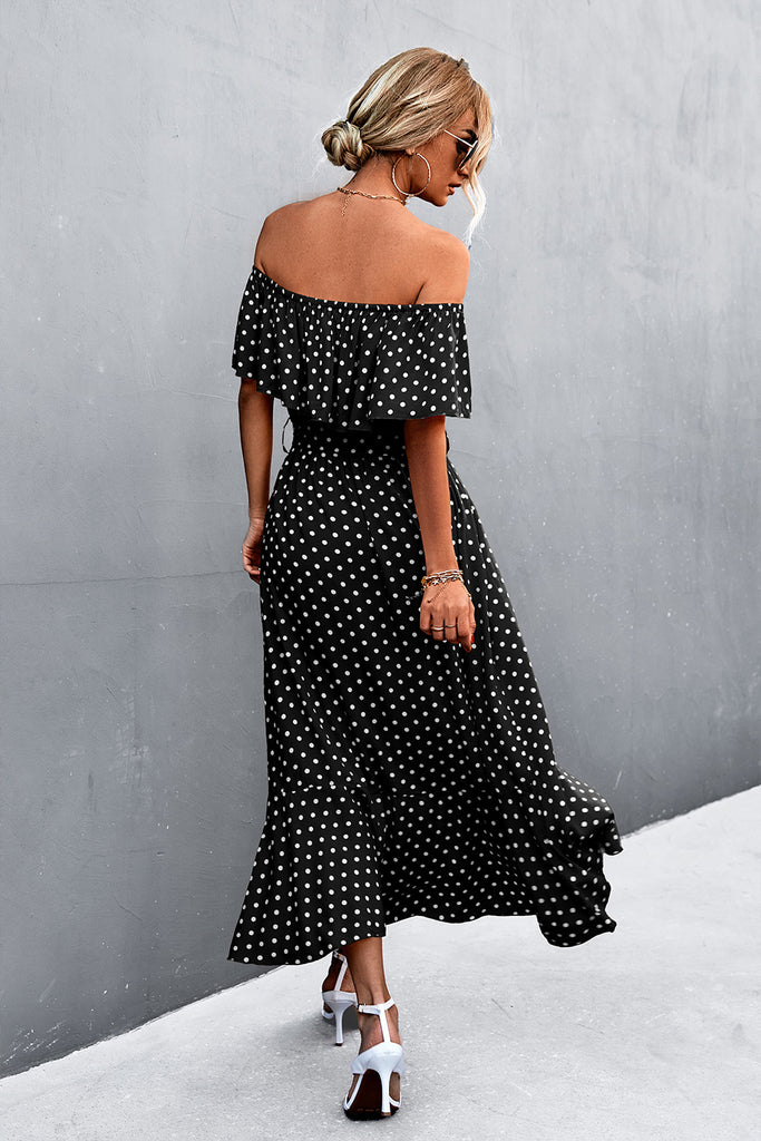 Polka Dot Layered Off-Shoulder Belted Dress - Belle Donne Clothing & Accessories