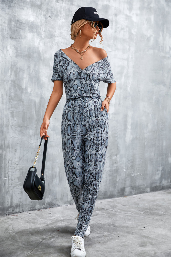 Animal Print V-Neck Jumpsuit with Pockets - Belle Donne Clothing & Accessories