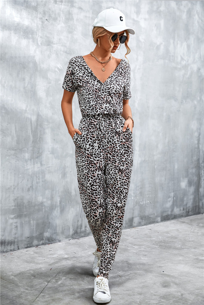 Animal Print V-Neck Jumpsuit with Pockets - Belle Donne Clothing & Accessories