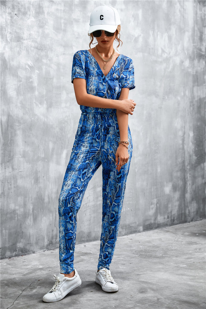 Animal Print V-Neck Jumpsuit with Pockets - Belle Donne Clothing & Accessories