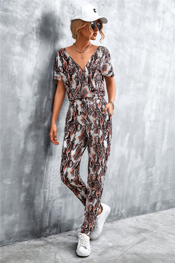 Animal Print V-Neck Jumpsuit with Pockets - Belle Donne Clothing & Accessories