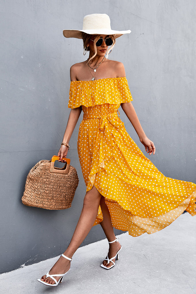 Polka Dot Layered Off-Shoulder Belted Dress - Belle Donne Clothing & Accessories