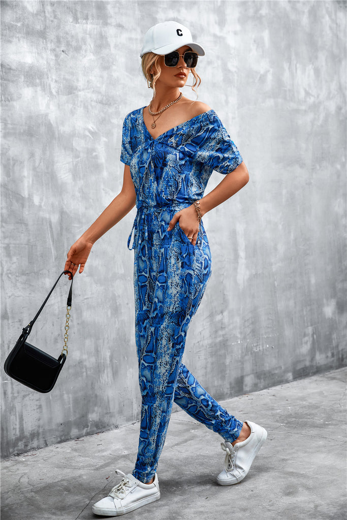 Animal Print V-Neck Jumpsuit with Pockets - Belle Donne Clothing & Accessories