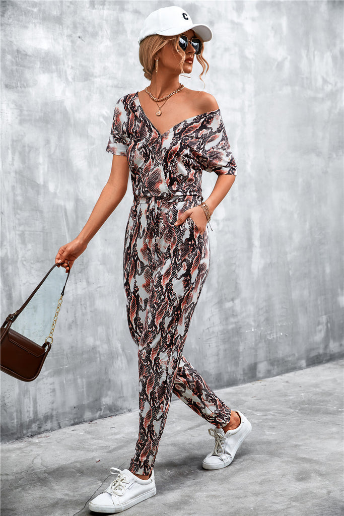 Animal Print V-Neck Jumpsuit with Pockets - Belle Donne Clothing & Accessories