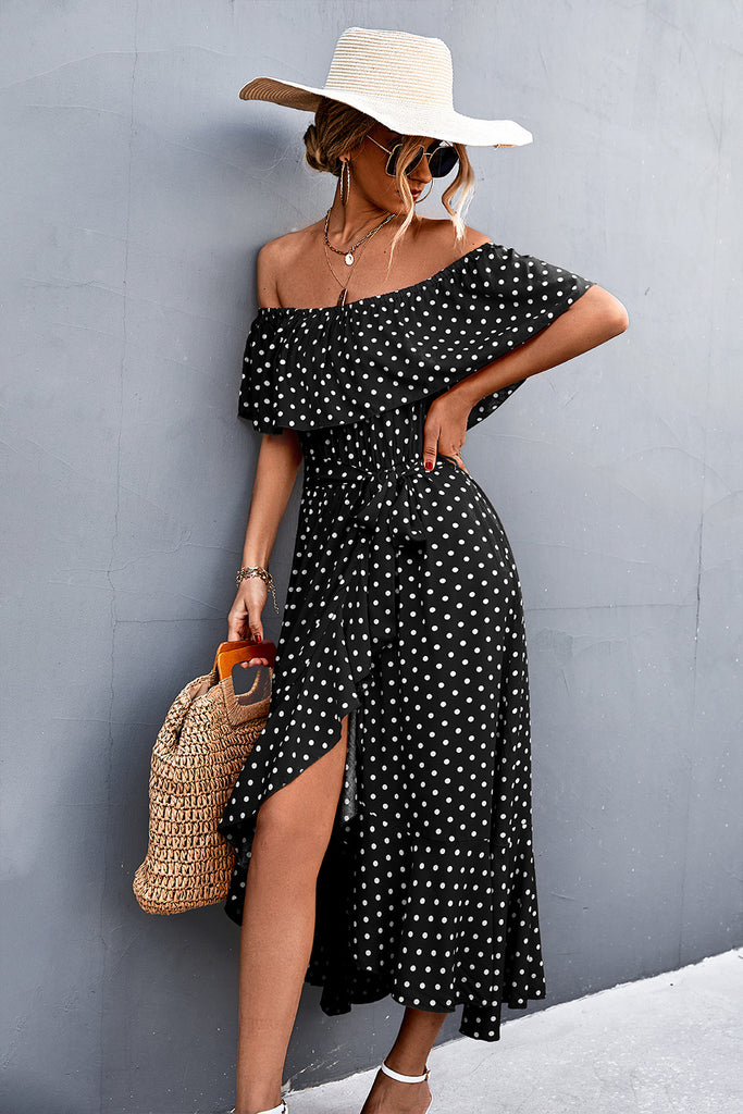 Polka Dot Layered Off-Shoulder Belted Dress - Belle Donne Clothing & Accessories