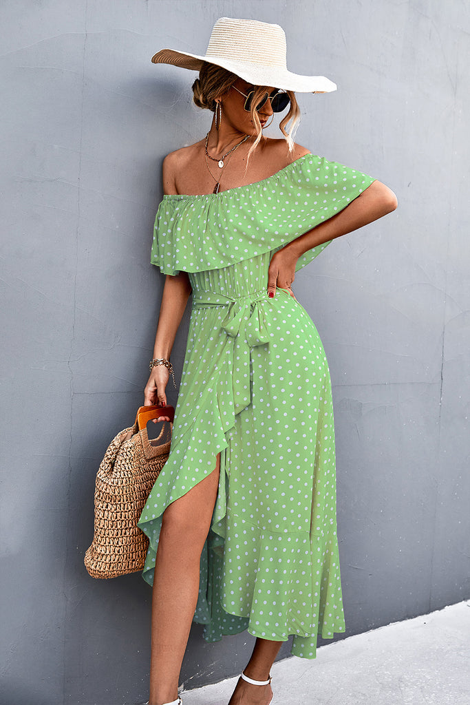 Polka Dot Layered Off-Shoulder Belted Dress - Belle Donne Clothing & Accessories