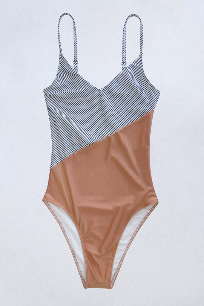 Striped Spaghetti Strap V-Neck One-Piece Swimsuit - Belle Donne Clothing & Accessories