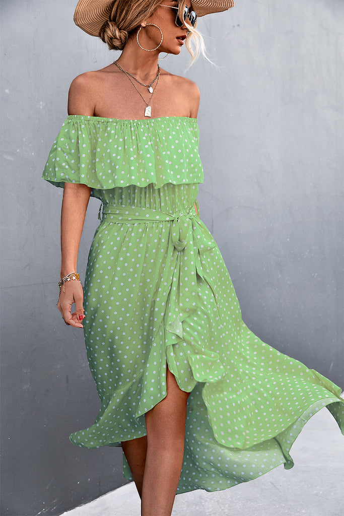 Polka Dot Layered Off-Shoulder Belted Dress - Belle Donne Clothing & Accessories