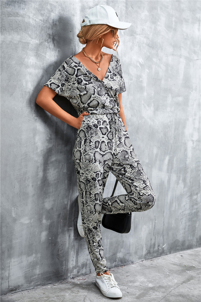 Animal Print V-Neck Jumpsuit with Pockets - Belle Donne Clothing & Accessories