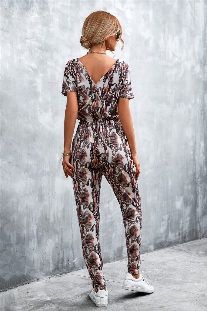 Animal Print V-Neck Jumpsuit with Pockets - Belle Donne Clothing & Accessories