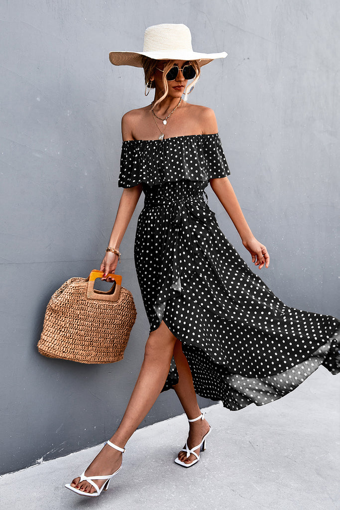 Polka Dot Layered Off-Shoulder Belted Dress - Belle Donne Clothing & Accessories