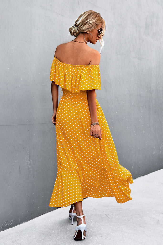 Polka Dot Layered Off-Shoulder Belted Dress - Belle Donne Clothing & Accessories