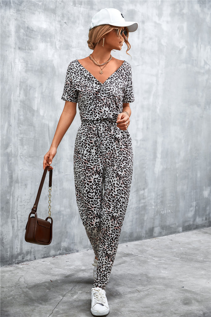 Animal Print V-Neck Jumpsuit with Pockets - Belle Donne Clothing & Accessories