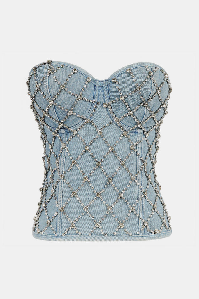 Strapless Lace Up Denim Rhinestone Fishnet Bustier - Belle Donne Clothing & Accessories