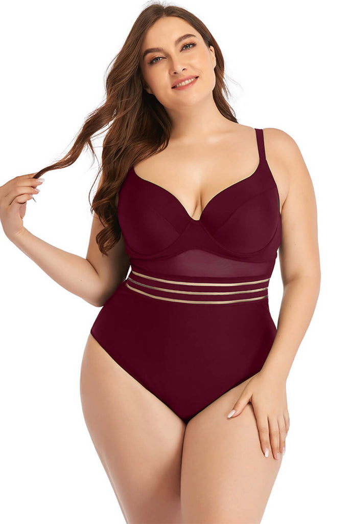 Plus Size Spliced Mesh Tie-Back One-Piece Swimsuit - Belle Donne Clothing & Accessories