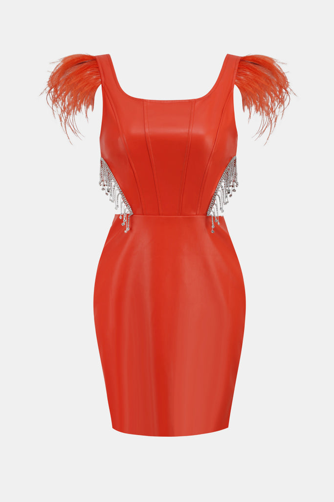 PU Leather Zip-Back Rhinestone Fringe Cutout Dress - Belle Donne Clothing & Accessories