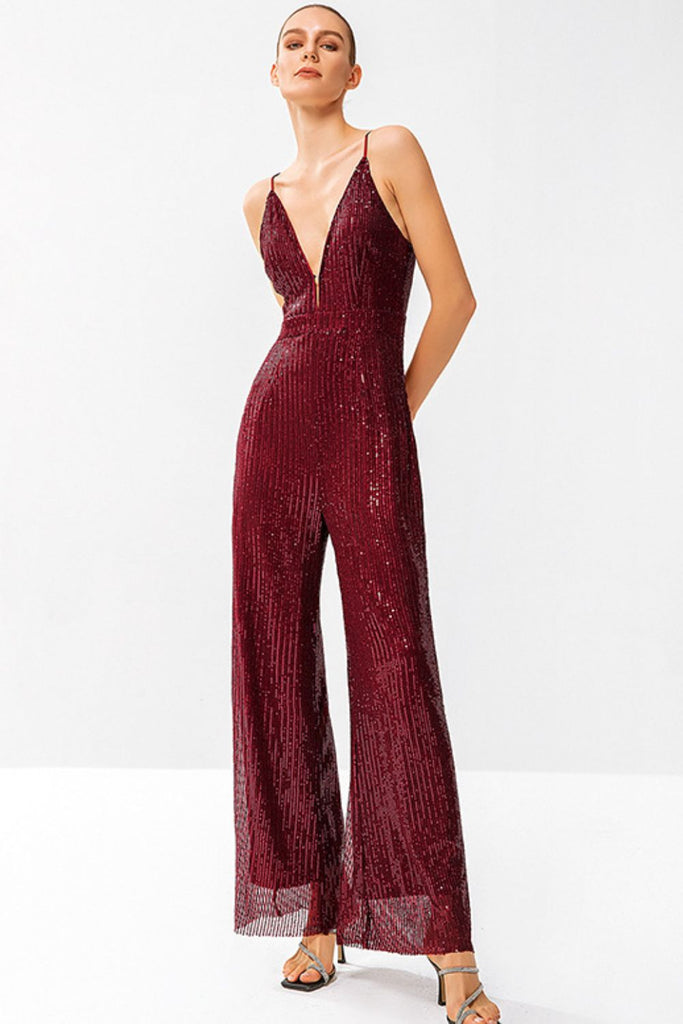 Sequined Spaghetti Strap Plunge Wide Leg Jumpsuit - Belle Donne Clothing & Accessories